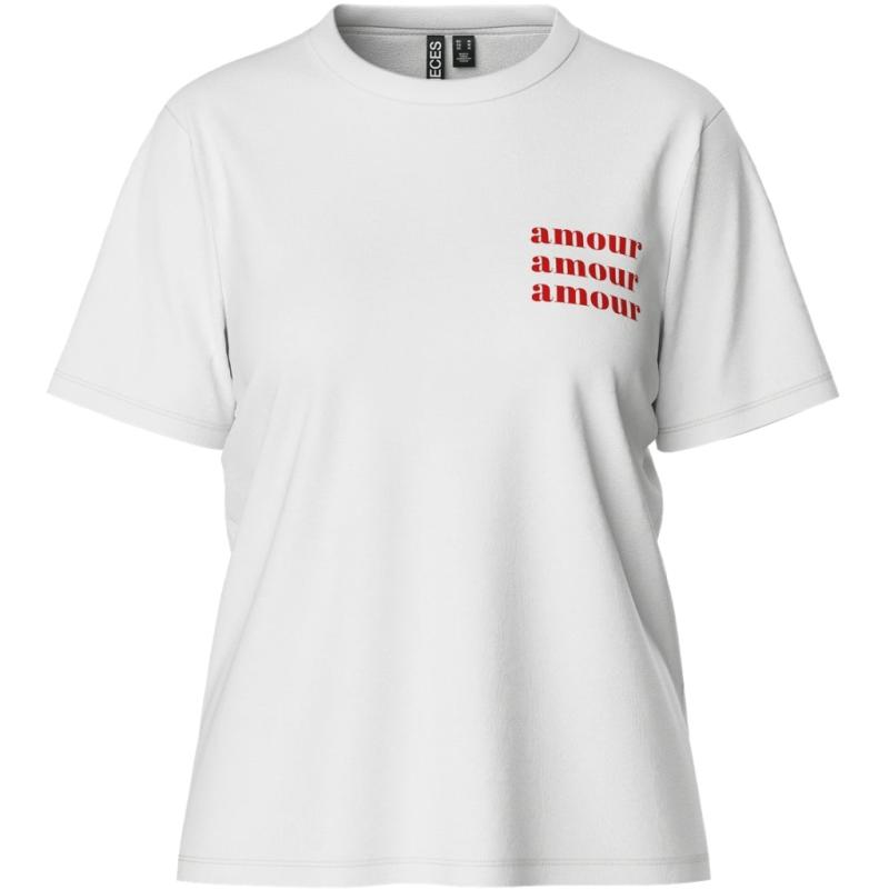 Dame T-shirt med print "Amour" i hvid fra Pieces